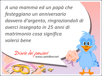 A una mamma ed un pap che festeggiano un anniversario davvero d'<strong>argento</strong>, ringraziandoli di averci insegnato in 25 anni di matrimonio cosa significa volersi bene