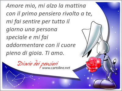 Amore mio, mi alzo la mattina con il primo pensiero rivolto a te, mi fai sentire per tutto il giorno una persona speciale e mi fai addormentare con il cuore pieno di gioia. Ti amo.