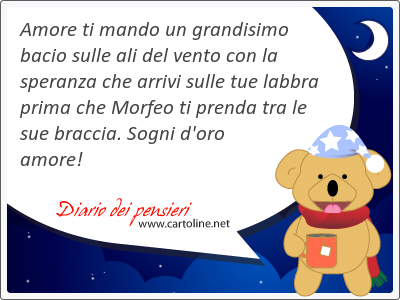 Amore ti mando un grandisimo bacio sulle ali del vento con la speranza che arrivi sulle tue labbra prima che Morfeo ti p<strong>renda</strong> tra le sue braccia. Sogni d'oro amore!