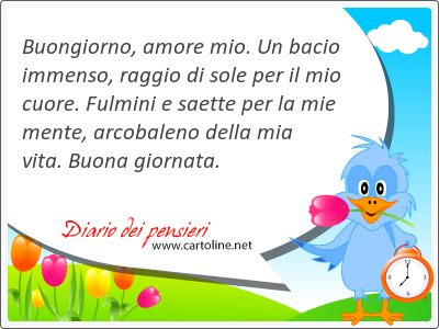 Buongiorno, amore mio. Un bacio immenso, raggio di sole per il mio cuore. Fulmini e saette per la mie mente, arcobaleno della mia vita. Buona giornata.