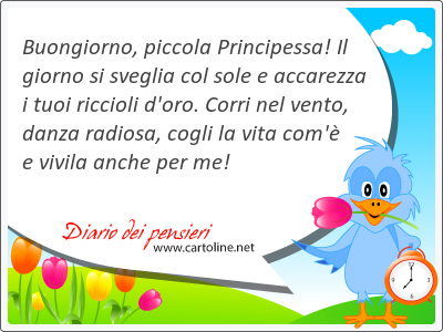 Buongiorno, piccola Principessa! Il giorno si sveglia col sole e ac<strong>carezza</strong> i tuoi riccioli d'oro. Corri nel vento, danza radiosa, cogli la vita com' e vivila anche per me!