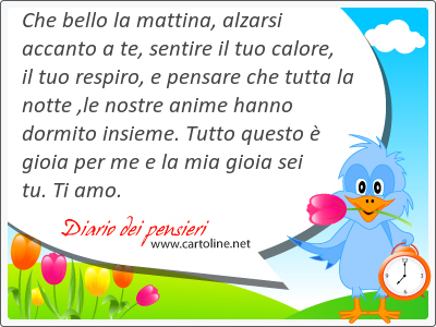 Che bello la mattina, alzarsi accanto a te, sentire il tuo calore, il tuo respiro, e pensare che tutta la notte ,le nostre <strong>anime</strong> hanno dormito insieme. Tutto questo  gioia per me e la mia gioia sei tu. Ti amo.