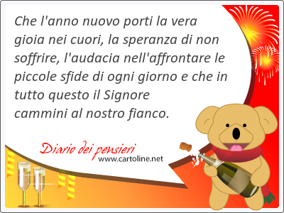 Che l'anno nuovo porti la vera gioia nei cuori, la speranza di non soffrire, l'audacia nell'affrontare le piccole sfide di ogni giorno e che in tutto questo il Signore cammini al nostro fianco.