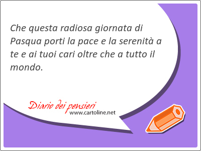 Che questa radiosa giornata di Pasqua porti la pace e la serenit a te e ai tuoi cari oltre che a tutto il mondo.