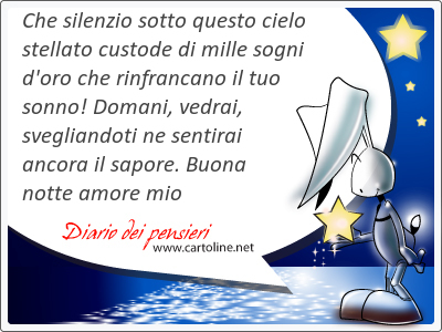 Che silenzio sotto questo cielo stellato custode di mille sogni d'oro che rinfrancano il tuo sonno! Domani, vedrai, svegliandoti  ne sentirai ancora il sapore. Buona notte <strong>amore</strong> mio