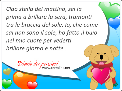 Ciao stella del mattino, sei la prima a brillare la sera, tramonti tra le braccia del sole. Io, che come sai non sono il sole, ho fatto il buio nel mio cuore per vederti brillare giorno e notte.