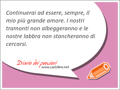 Continuerai ad essere, sempre, il mio pi grande <strong>amore</strong>. I nostri tramonti non albeggeranno e le nostre labbra non stancheranno di cercarsi.