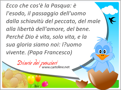 Ecco che cos' la Pasqua:  l'esodo, il passaggio dell'uomo dalla schiavit del peccato, del male alla libert dell'<strong>amore</strong>, del bene. Perch Dio  vita, solo vita, e la sua gloria siamo noi: luomo vivente.