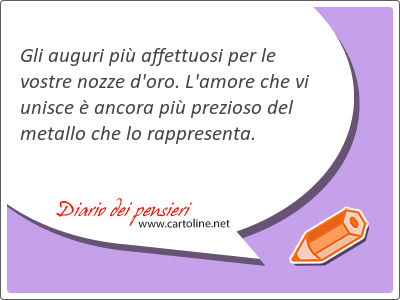 Gli auguri pi affettuosi per le vostre nozze d'oro. L'amore che vi unisce  ancora pi prezioso del metallo che lo rappresenta.