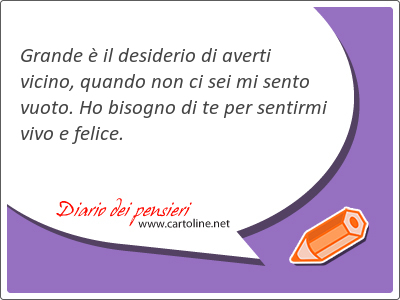 Grande  il desiderio di averti vicino, quando non ci sei mi sento vuoto. Ho bisogno di te per sentirmi vivo e felice.