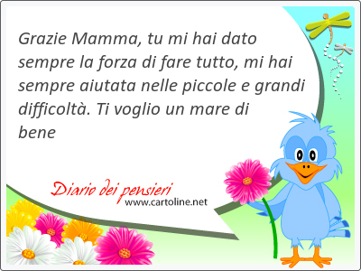 Grazie Mamma, tu mi hai dato sempre la forza di fare tutto, mi hai sempre aiutata nelle piccole e grandi difficolt. Ti voglio un mare di bene