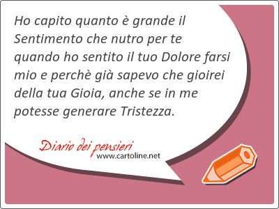 Ho capito quanto  grande il Sentimento che nutro per te quando ho sentito il tuo Dolore farsi mio e perch gi sapevo che gioirei della tua Gioia, anche se in me potesse generare Tristezza.