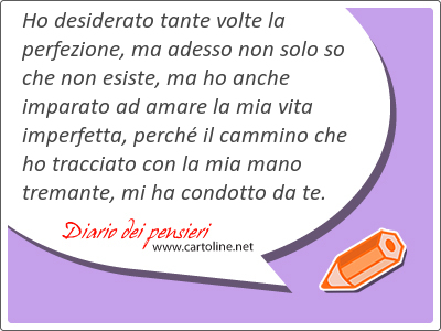 Ho desiderato tante volte la perfezione, ma adesso non solo so che non esiste, ma ho anche imparato ad amare la mia vita imperfetta, perch il cammino che ho tracciato con la mia mano tremante, mi ha condotto da te.