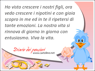 Ho visto crescere i nostri figli, ora vedo crescere i nipotini e con gioia scopro in me ed in te il ripetersi di tante emozioni. La nostra vita si rinnova di giorno in giorno con entusiasmo. Viva la vita.