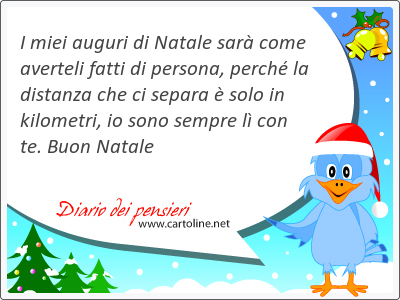 I miei auguri di Natale sarà come averteli fatti di persona, perché la <strong>distanza</strong> che ci separa è solo in kilometri, io sono sempre lì con te. Buon Natale
