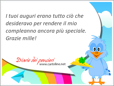 I tuoi auguri erano tutto ci� che desideravo per rendere il mio compleanno ancora pi� speciale. Grazie mille!