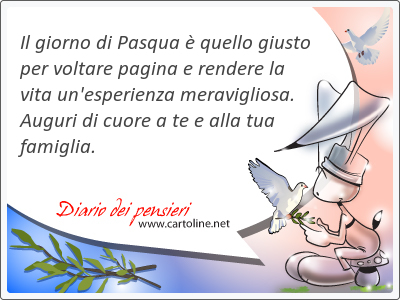 Il giorno di Pasqua è quello giusto per voltare pagina e rendere la vita un'esperienza meravigliosa. Auguri di cuore a te e alla tua <strong>famiglia</strong>.