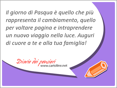 Il giorno di Pasqua è quello che più rappresenta il cambiamento, quello per voltare pagina e intraprendere un nuovo viaggio nella luce. Auguri di cuore a te e alla tua famiglia!