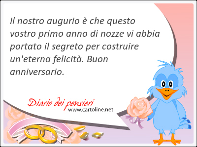 Il nostro augurio  che questo vostro primo <strong>anno</strong> di nozze vi abbia portato il segreto per costruire un'eterna felicit. Buon anniversario.