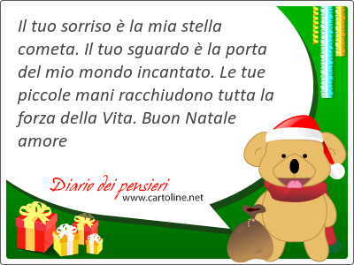 Il tuo sorriso  la mia stella cometa. Il tuo sguardo  la porta del mio <strong>mondo</strong> incantato. Le tue piccole mani racchiudono tutta la forza della Vita. Buon Natale amore