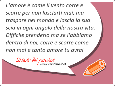 L'amore  come il vento corre e scorre per non lasciarti mai, ma traspare nel mondo e lascia la sua scia in ogni angolo della nostra vita. Difficile prenderlo ma se l'abbiamo dentro di noi, corre e scorre come non mai e tanto amore tu avrai