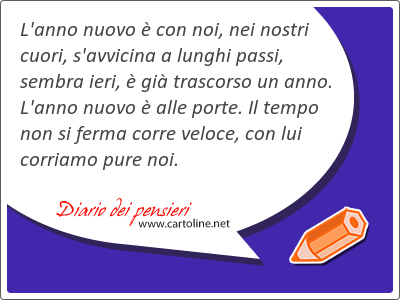 L'anno nuovo è con noi, nei nostri cuori, s'avvicina a lunghi passi, sembra ieri, è già trascorso un anno. L'anno nuovo è alle porte. Il <strong>tempo</strong> non si ferma corre veloce, con lui corriamo pure noi.