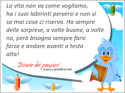 La vita non va come vogliamo, ha i suoi labirinti perversi e non si sa mai cosa ci riserva. Ha sempre delle sorprese, a volte buone, a volte no, per bisogna sempre farsi forza e andare avanti a testa <strong>alta</strong>!