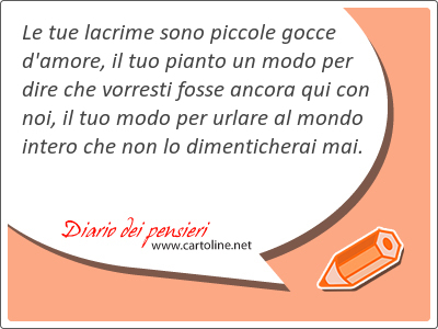 Le tue lacrime sono piccole gocce d'amore, il tuo pianto un modo per dire che vorresti fosse ancora qui con noi, il tuo modo per urlare al mondo intero che non lo dimenticherai mai.