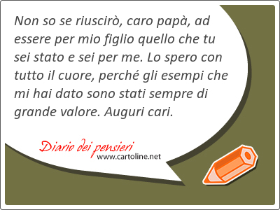 Non so se riuscir, caro pap, ad essere per mio figlio quello che tu sei <strong>stato</strong> e sei per me. Lo spero con tutto il cuore, perch gli esempi che mi hai dato sono stati sempre di grande valore. Auguri cari.