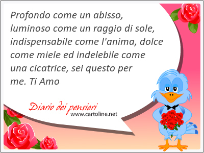 Profondo come un abisso, luminoso come un raggio di sole, indispensabile come l'anima, dolce come miele ed indelebile come una cicatrice, sei questo per me. Ti Amo