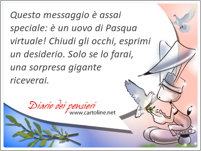 Questo messaggio è assai speciale: è un uovo di Pasqua virtuale! Chiudi gli occhi, esprimi un desiderio. Solo se lo farai, una <strong>sorpresa</strong> gigante riceverai.