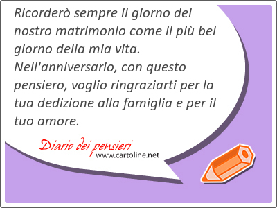 Ricorder sempre il giorno del nostro matrimonio come il pi bel giorno della mia vita. Nell'anniversario, con questo pensiero, voglio ringraziarti per la tua dedizione alla famiglia e per il tuo amore.