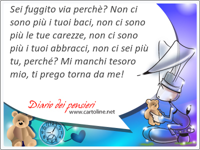 Sei fuggito via perch? Non ci sono pi i tuoi baci, non ci sono pi le tue carezze, non ci sono pi i tuoi abbracci, non ci sei pi tu, perch? Mi manchi tesoro mio, ti prego torna da me!