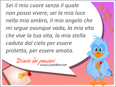 Sei il mio cuore senza il quale non posso vivere, sei la mia luce nella mia ombra, il mio angelo che mi segue ovunque vada, la mia vita che vive la tua vita, la mia stella caduta dal cielo per essere protetta, per essere amata.