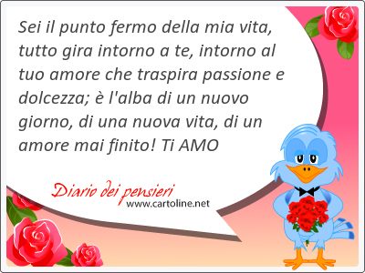 Sei il punto fermo della mia vita, tutto gira intorno a te, intorno al tuo amore che traspira passione e dolcezza;  l'alba di un nuovo giorno, di una nuova vita, di un amore mai finito! Ti AMO