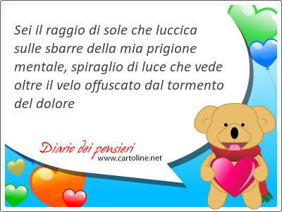Sei il raggio di sole che luccica sulle sbarre della mia prigione mentale, spiraglio di luce che vede oltre il <strong>velo</strong> offuscato dal tormento del dolore
