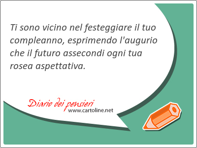Ti sono vicino nel festeggiare il tuo compleanno, esprimendo l'augurio che il futuro assecondi ogni tua rosea aspettativa.