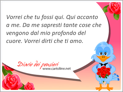 Vorrei che tu fossi qui. Qui accanto a me. Da me sapresti tante cose che vengono dal mio profondo del cuore. Vorrei dirti che ti amo.