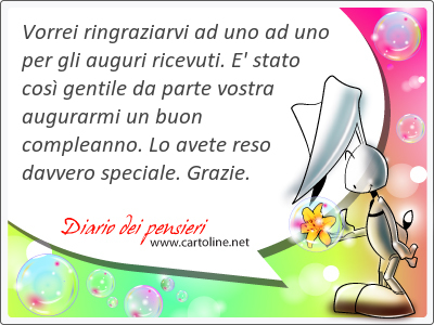 Vorrei ringraziarvi ad uno ad uno per gli auguri ricevuti. E' stato cos gentile da parte vostra augurarmi un buon compleanno. Lo avete reso davvero speciale. Grazie.