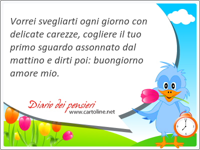 Vorrei svegliarti ogni giorno con delicate carezze, <strong>cogliere</strong> il tuo primo sguardo assonnato dal mattino e dirti poi: buongiorno amore mio.